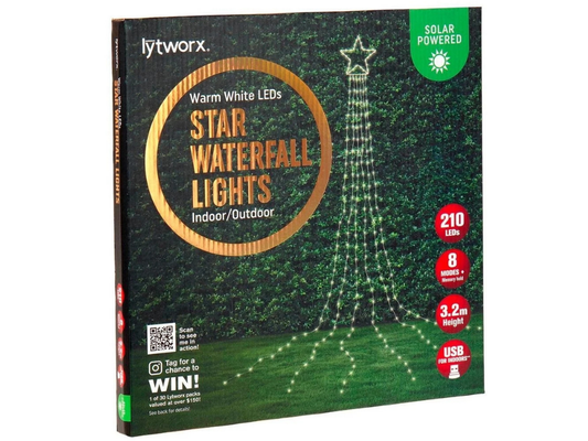 Lytworx Star Waterfall LED Lights – Solar/USB Warm White Christmas Tree Decor