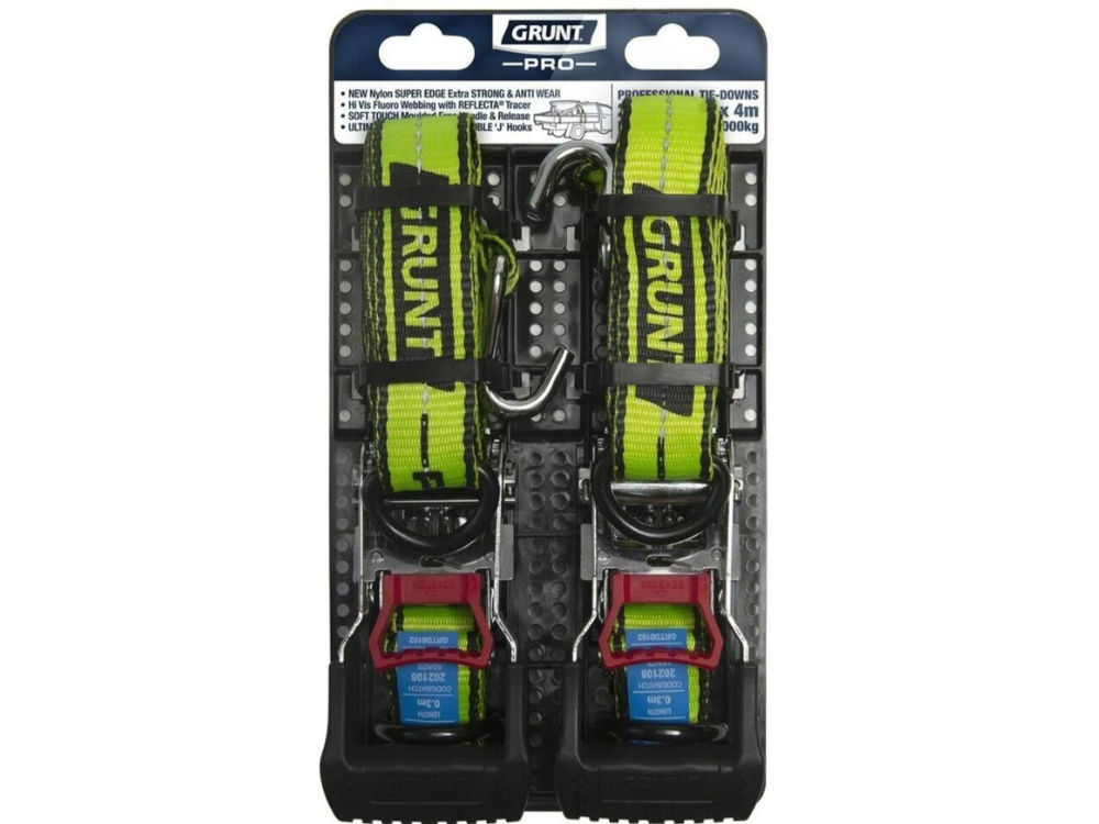 2x Grunt Pro Ratchet Tie Down Straps 38mm x 4m – Retractable Trailer/Truck