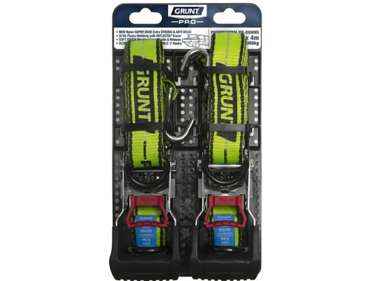 2x Grunt Pro Ratchet Tie Down Straps 38mm x 4m – Retractable Trailer/Truck