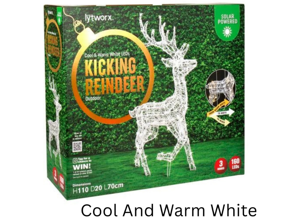 Lytworx 110cm x 70cm Kicking Reindeer Statue – 160 LED Cool & Warm White Solar Display
