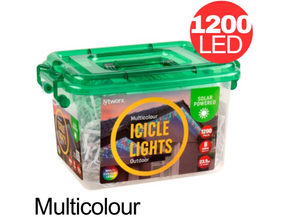 Lytworx Solar Icicle Lights – 1200 Multicoloured LEDs, 23.9m