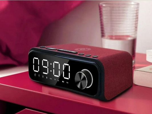 Laser Digital Alarm Clock – FM Radio, Wireless Charging & Bluetooth Speaker (Red)