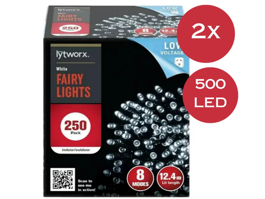2x Lytworx 250 White LED Fairy Lights – 12.4m Christmas String Lights