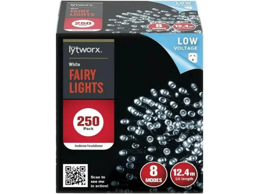 Lytworx 250 White LED Fairy Lights – 12.4m Christmas String Decoration