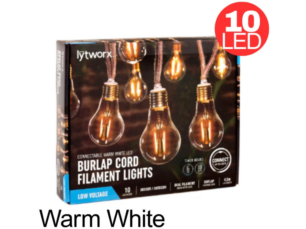 Lytworx Burlap Cord Xmas Lights – 10 Warm White LEDs, Connectable