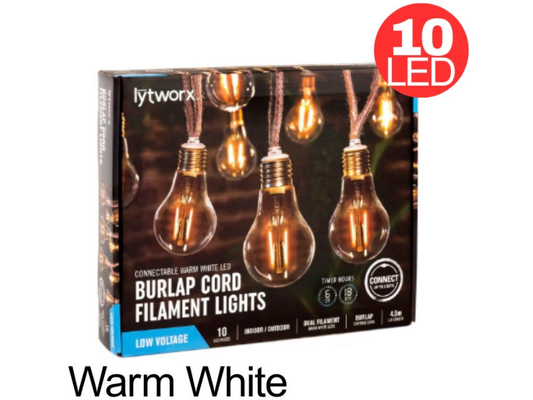 Lytworx Burlap Cord Xmas Lights – 10 Warm White LEDs, Connectable