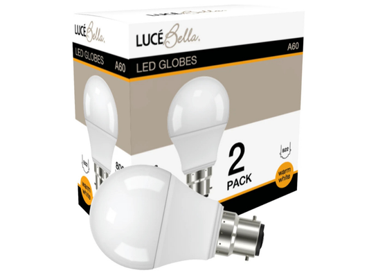 Luce Bella LED Globe A60 B22 8W Warm White – 2 Pack