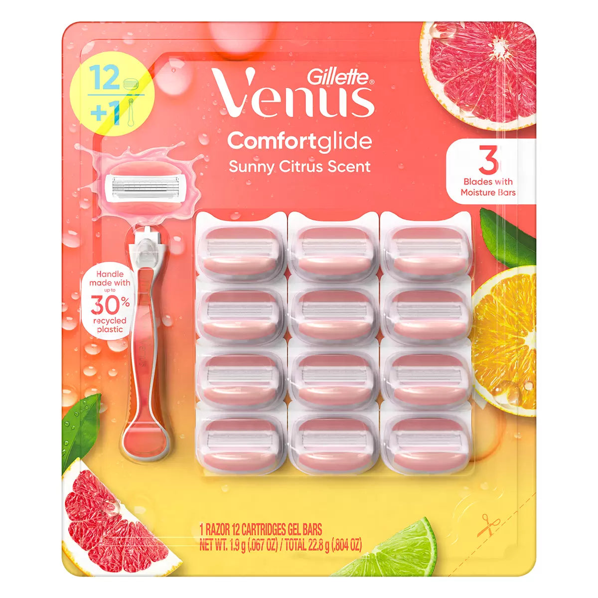 Gillette Venus Comfortglide Razor + 12 Refill Blades Sunny Citrus