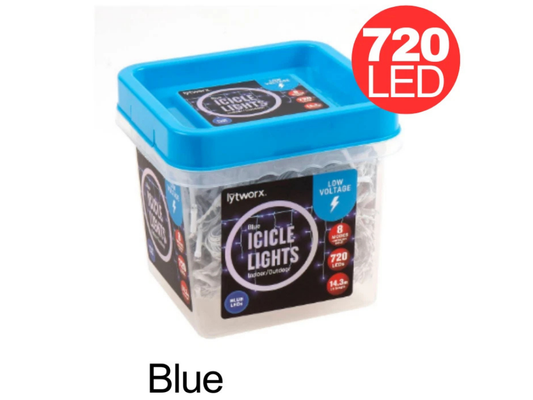 Lytworx 720 LED Blue Icicle Lights – Low Voltage Christmas String Decoration