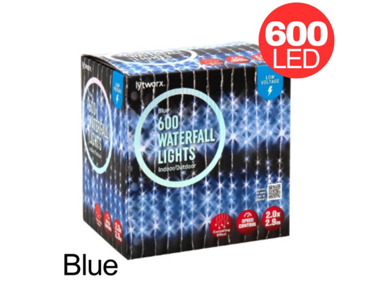 Lytworx 600 LED Waterfall String Lights – Low Voltage Blue Christmas Decoration