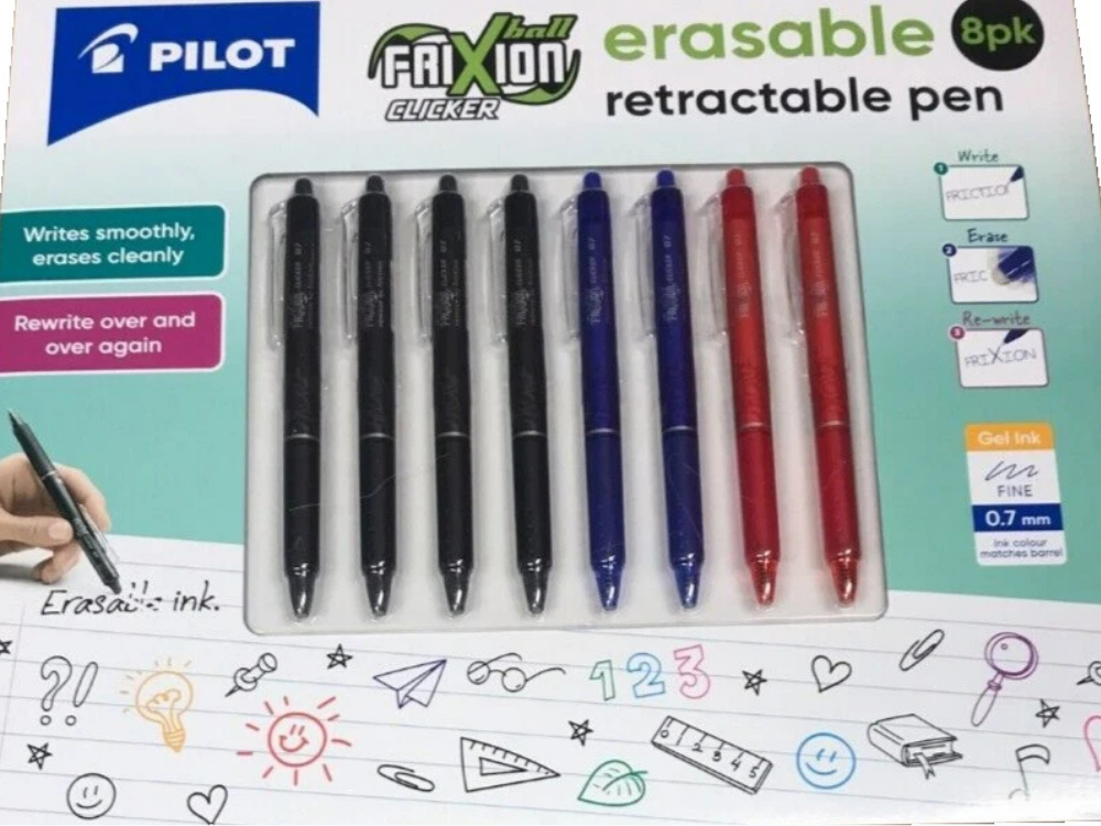 Pilot FriXion Clicker 0.7mm Retractable Erasable Pens – 8 Pack (Blue, Red, Black)