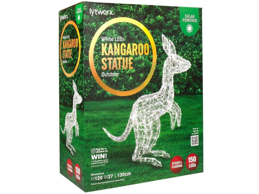 Lytworx 120cm White Kangaroo Solar Powered 150 LED Lights Garden Xmas Decor