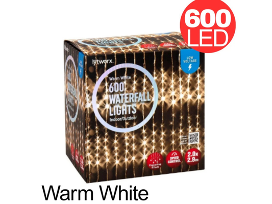 Lytworx 600 LED Christmas String Lights – Waterfall Decor, Low Voltage Warm White