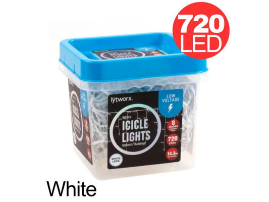 Lytworx 720 LED White Icicle Lights – Low Voltage Christmas String Decoration