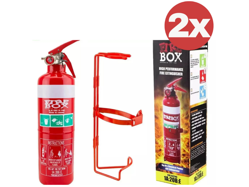 2x FireBox 1kg ABE Dry Powder Fire Extinguishers with Bracket – Professional