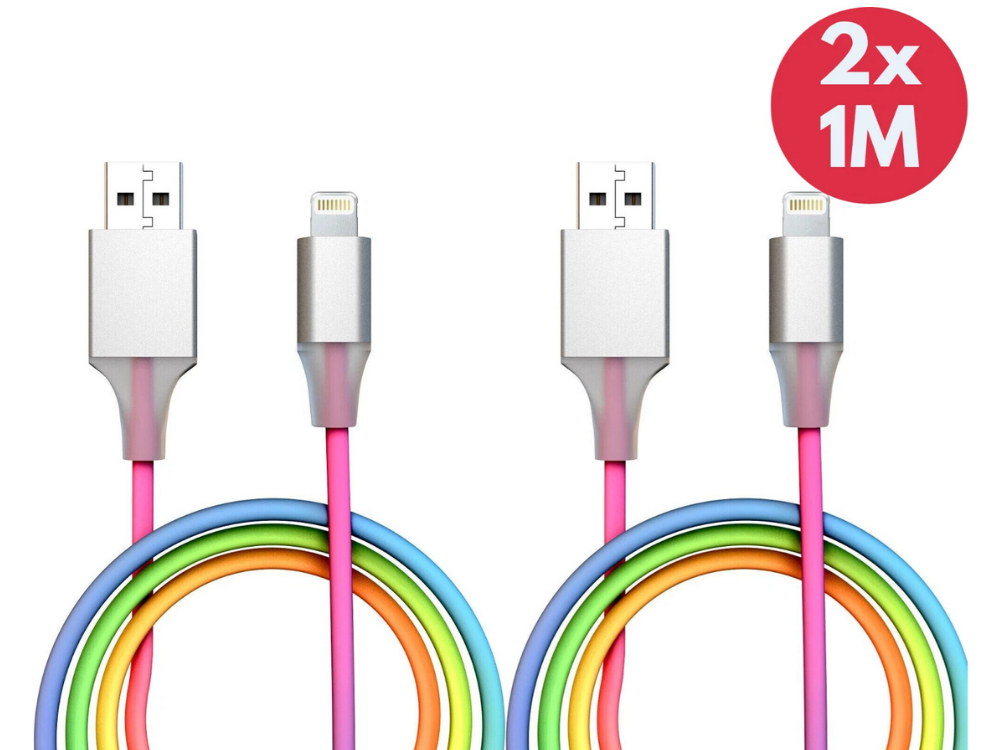 2x Laser USB-A Charging Cable 1m – Rainbow for iPhone/iPad/iPod