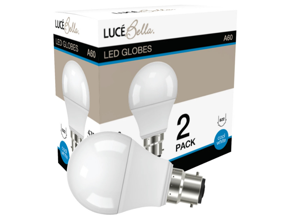 Luce Bella A60 B22 LED Bulb 6W Cool White 470LM – 2/4/8 Pack