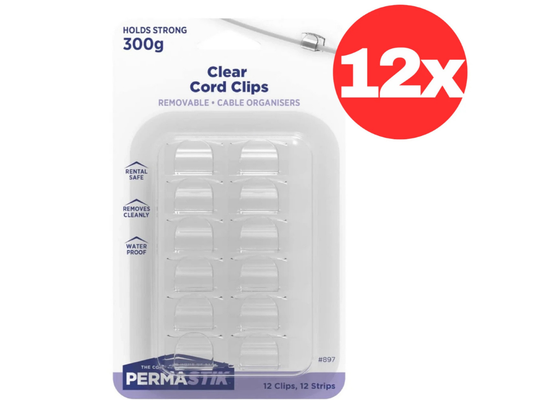 Permastik 12 Clear Cord Clips – Cable Ties Holder & Organiser