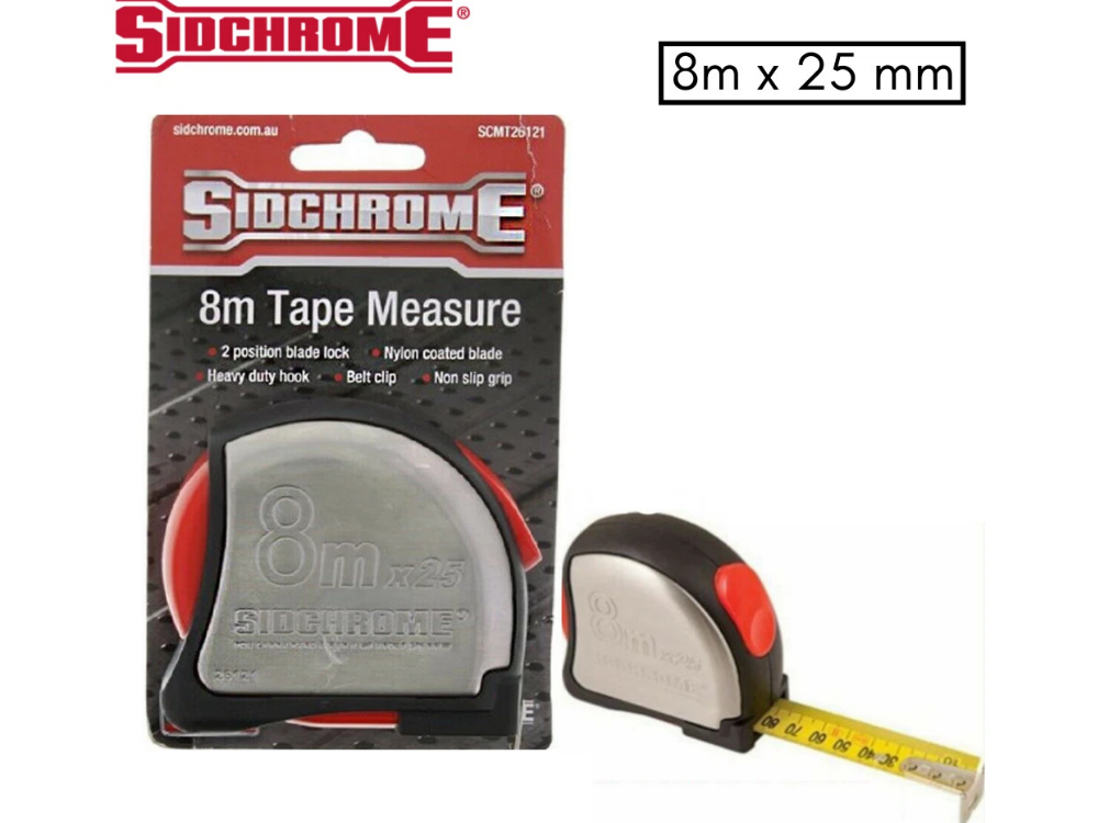 Sidchrome Tape Measure 8m – Locking, Metric Ruler