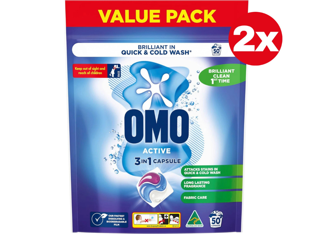 OMO Triple Active 3-in-1 Laundry Capsules – Detergent & Stain Remover, 100 Pack