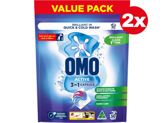 OMO Triple Active 3-in-1 Laundry Capsules – Detergent & Stain Remover, 100 Pack