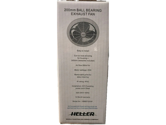 Heller 200mm Exhaust Fan – Ball Bearing, Bathroom & Kitchen Vent