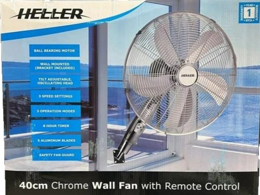 Heller Wall Fan 40cm – Chrome, 3-Speed, Oscillating & Tilt with Remote
