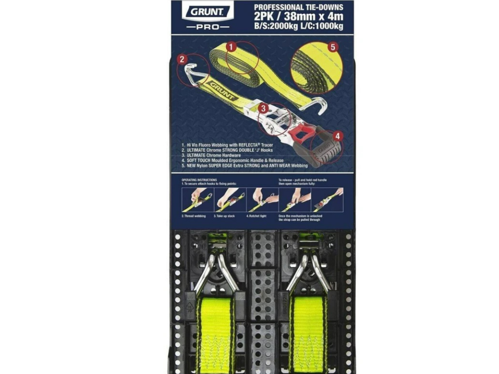2x Grunt Pro Ratchet Tie Down Straps 38mm x 4m – Retractable Trailer/Truck