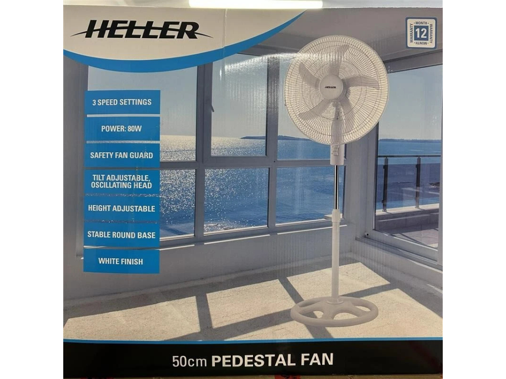 Heller 50cm Pedestal Fan – Oscillating, Adjustable Tilt, 3 Speed, White