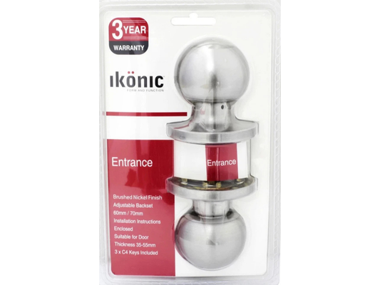 Ikonic Ruby Entrance Door Knob Set – Brushed Nickel, Adjustable Thickness