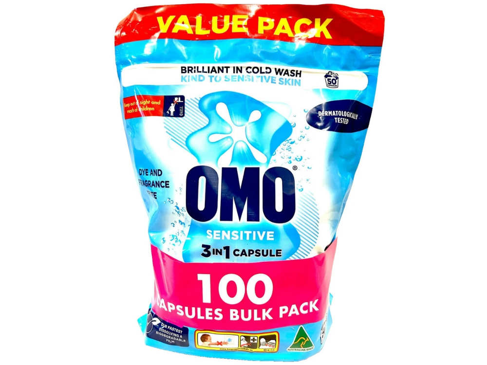 OMO Sensitive Laundry Capsules 3-in-1 – Gentle, 100 Pack Bulk
