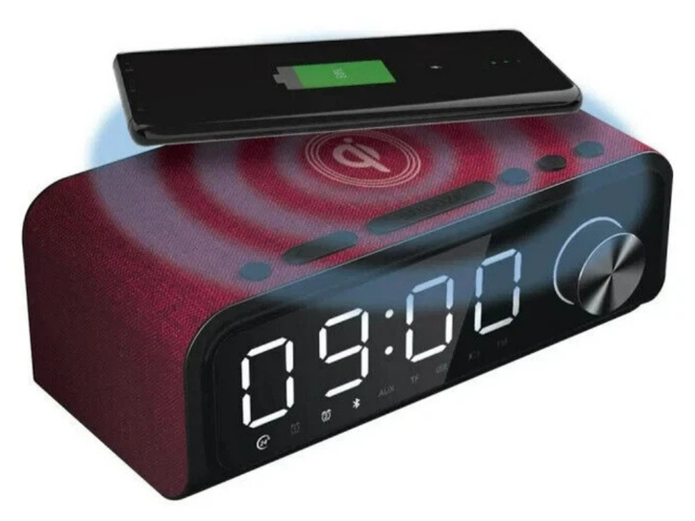 Laser Digital Alarm Clock – FM Radio, Wireless Charging & Bluetooth Speaker (Red)