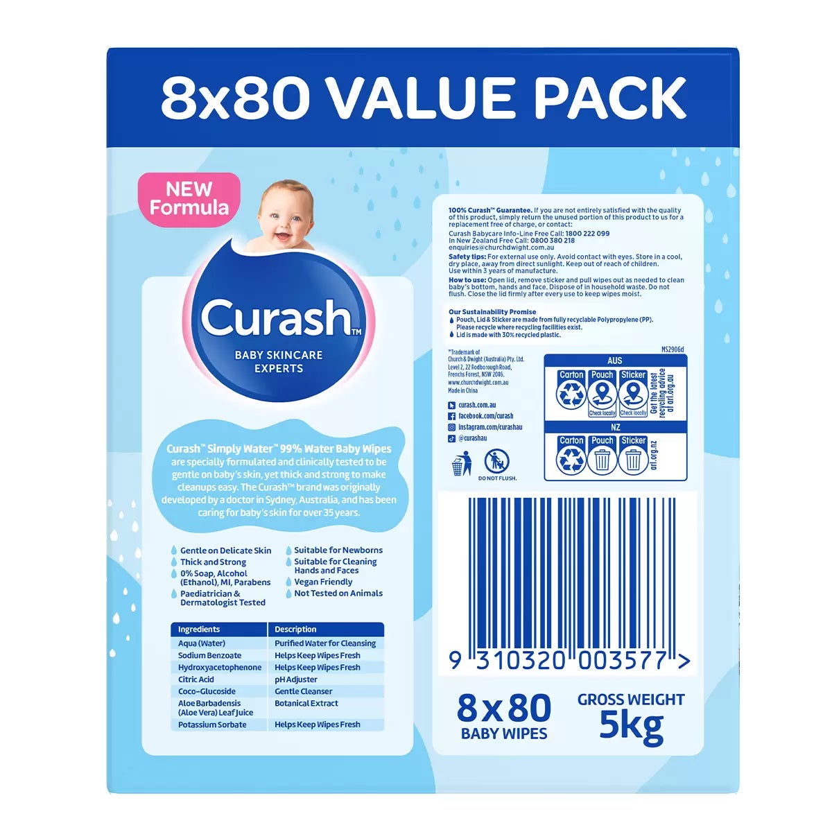 Curash Simply Water Baby Wipes 8 x 80 Wipes