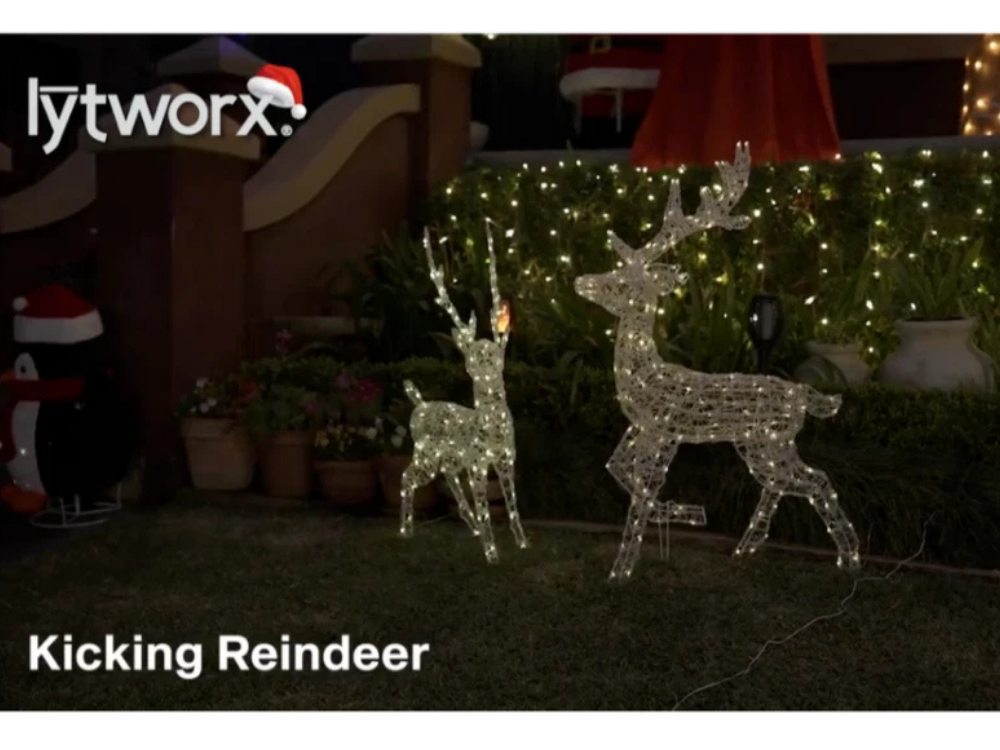 Lytworx 110cm x 70cm Kicking Reindeer Statue – 160 LED Cool & Warm White Solar Display