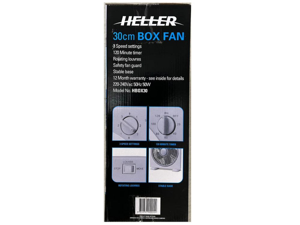 Heller Box Fan 30cm – 3-Speed Portable Air Circulator with Timer