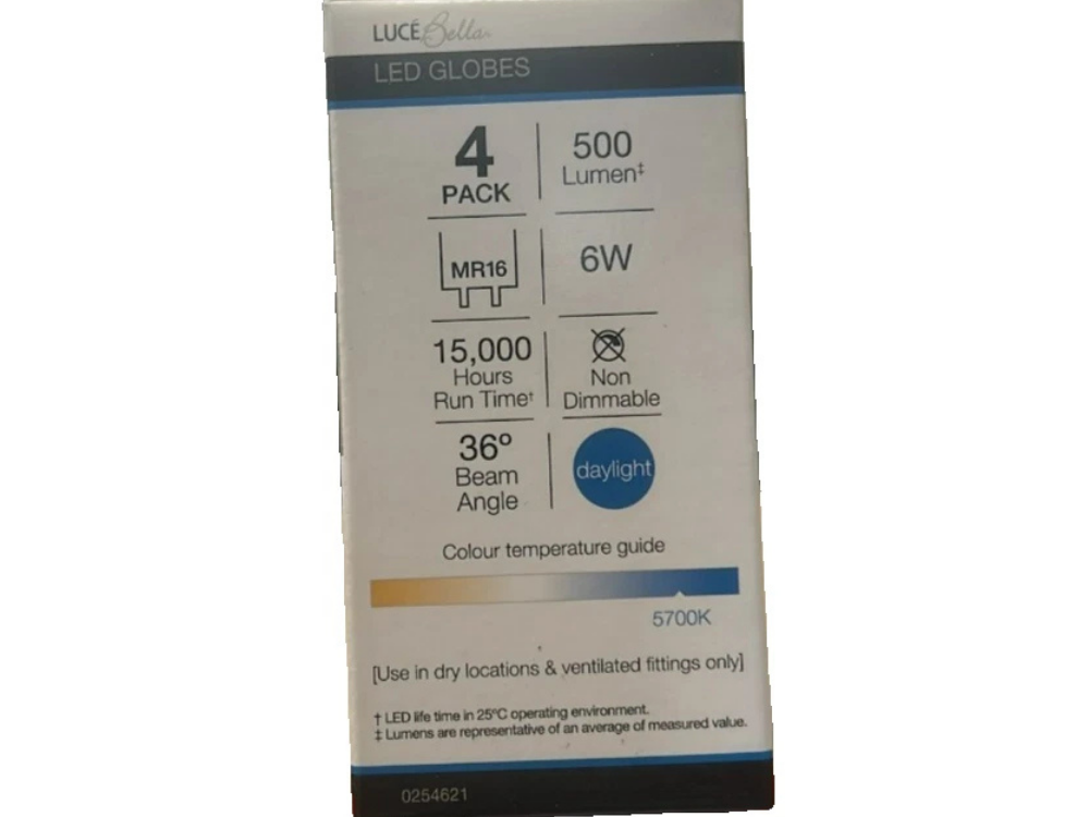 4x Luce Bella MR16 LED Globes 6W – 500 Lumen Daylight Spotlights