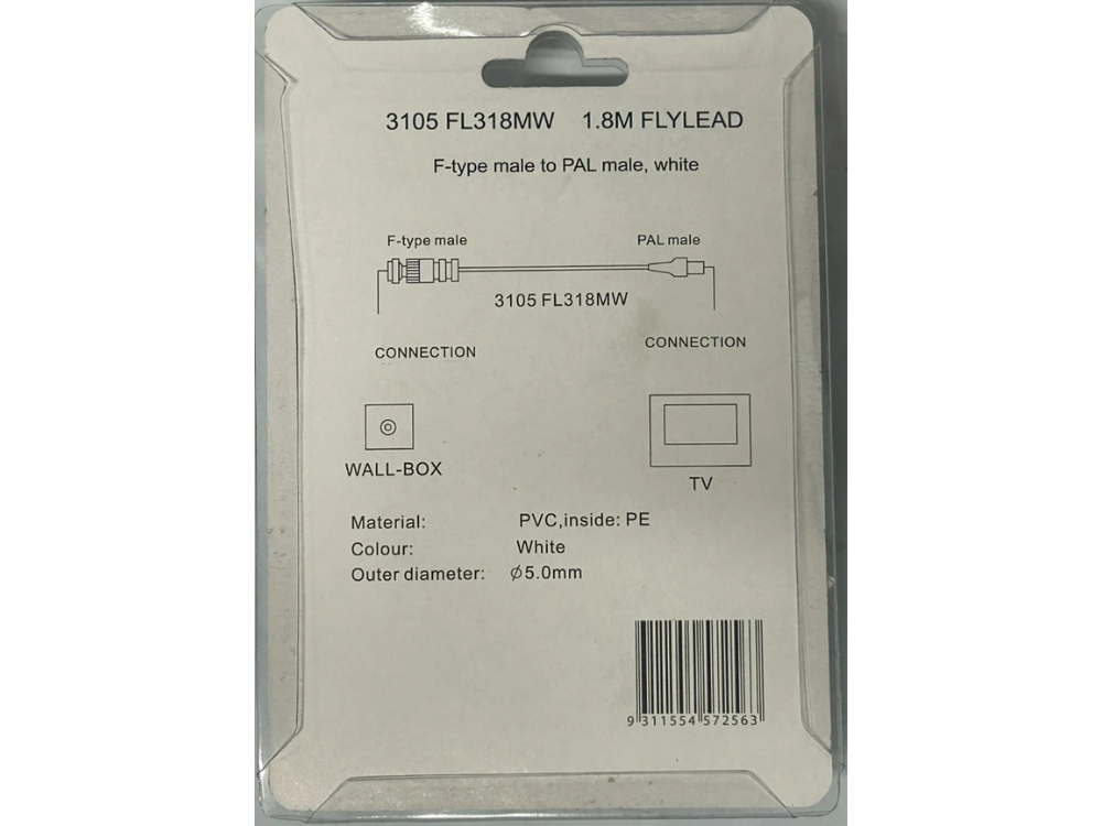 Clipsal 1.8m TV Antenna Cable F-Type Male to PAL Male