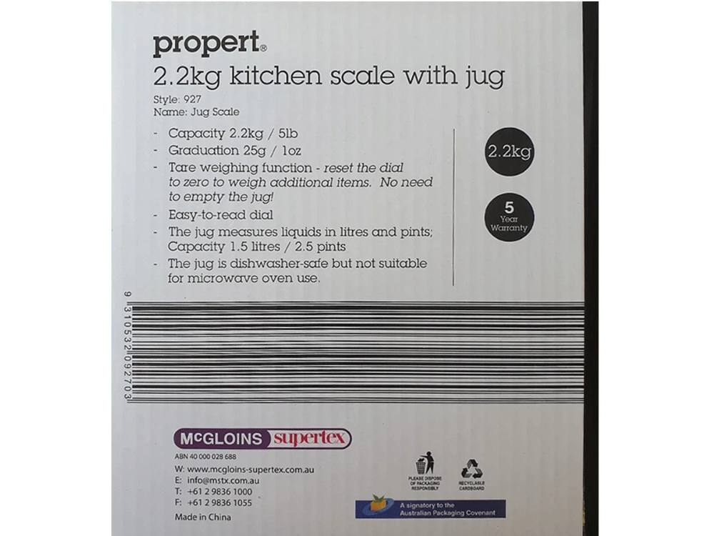 Propert 2.2kg Food Scale with Jug – Dishwasher Safe