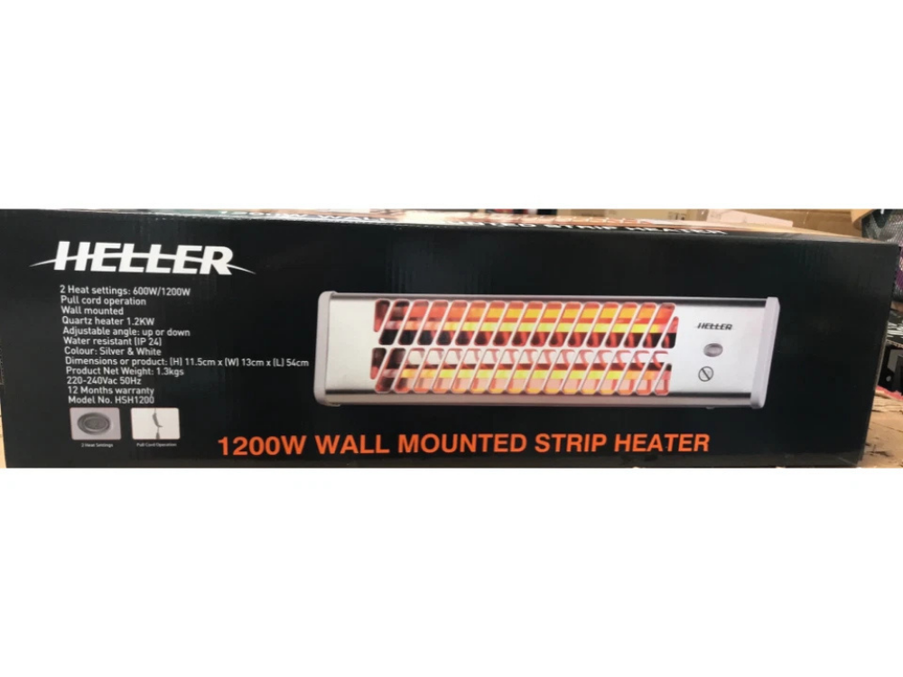 Heller 1200W Electric Strip Heater – 2-Bar Wall Mount with Pullcord & 2 Heat Settings