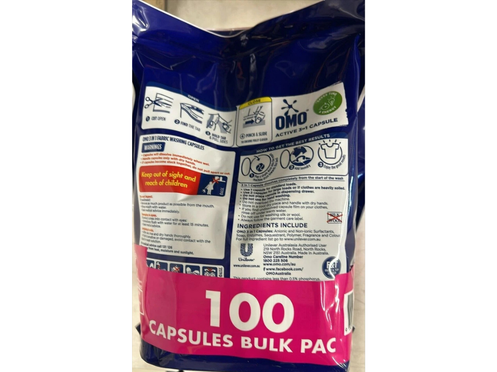 OMO Triple Active 3-in-1 Laundry Capsules – Detergent & Stain Remover, 100 Pack