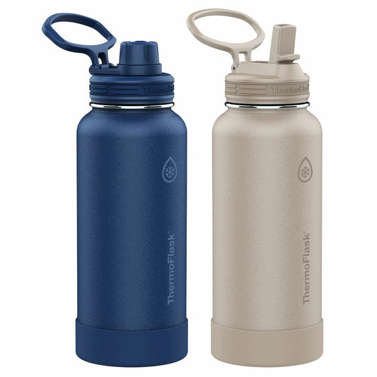ThermoFlask Stainless Steel Water Bottle 32 oz Double Wall Vacuum Insulated 2 Pack (Blue/White)