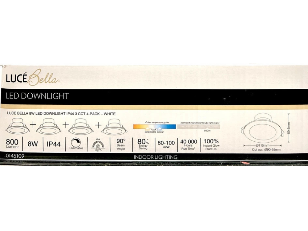 Luce Bella 8W LED Downlight 800 Lumen 4-Pack IP44 Tri-CCT Warm/Cool