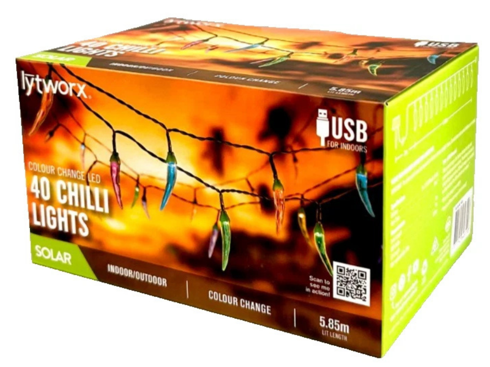 Lytworx 40-LED Colour-Changing Chilli Lights – Solar/USB
