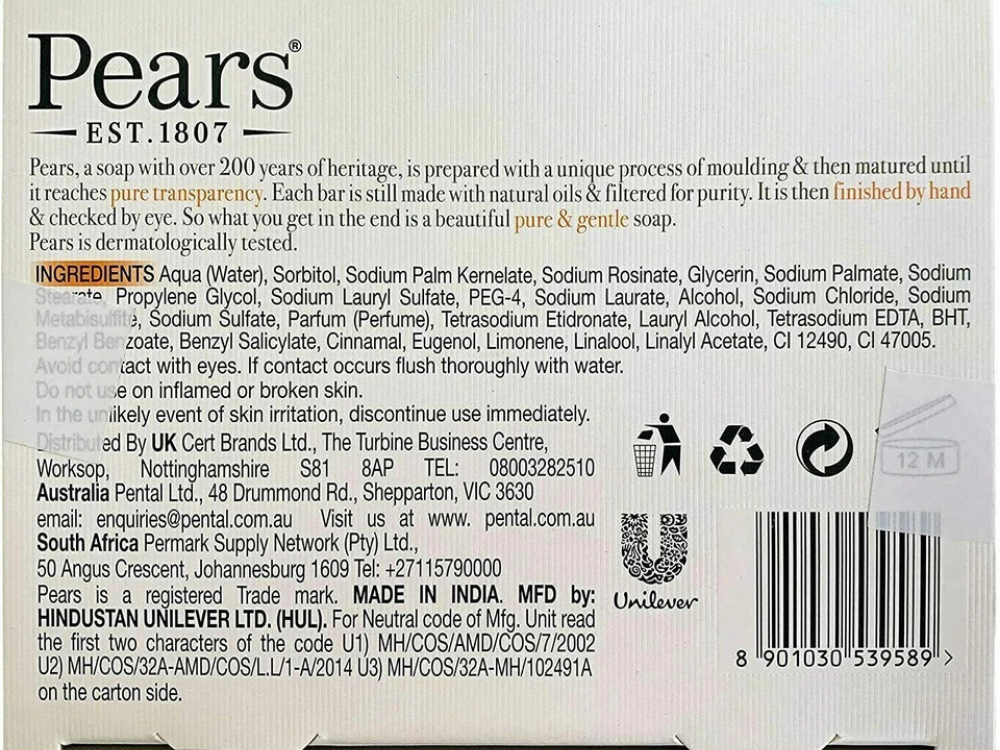 Pears Gentle Care Soap 20 x 125g – Amber with Natural Oils
