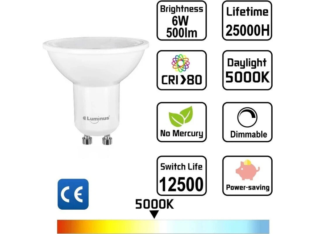 8x Luminus GU10 LED Downlight Bulbs – 6W Dimmable Daylight 5000K, 500LM