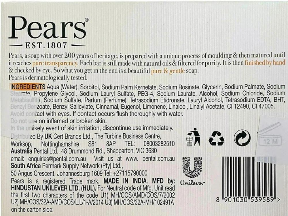 Pears Amber Transparent Soap – Gentle Care, Dermatologist Tested (Pack of 10, 20 & 40)