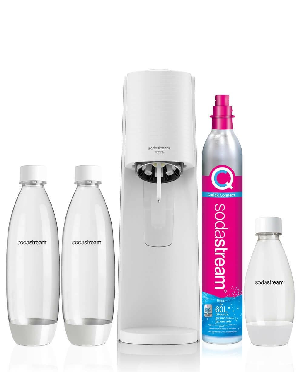 Sodastream Terra White Value Pack Water Damaker with 2 x 1 L Bottles and 1 x 1/2 L Bottle and 1 x CO2 Quick Connect for Mesh Up to 60 L