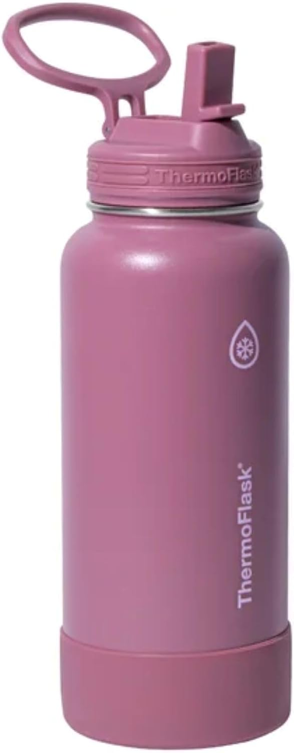 ThermoFlask Stainless Steel Water Bottle 32 oz Double Wall Vacuum Insulated 2 Pack (Black/Pink)