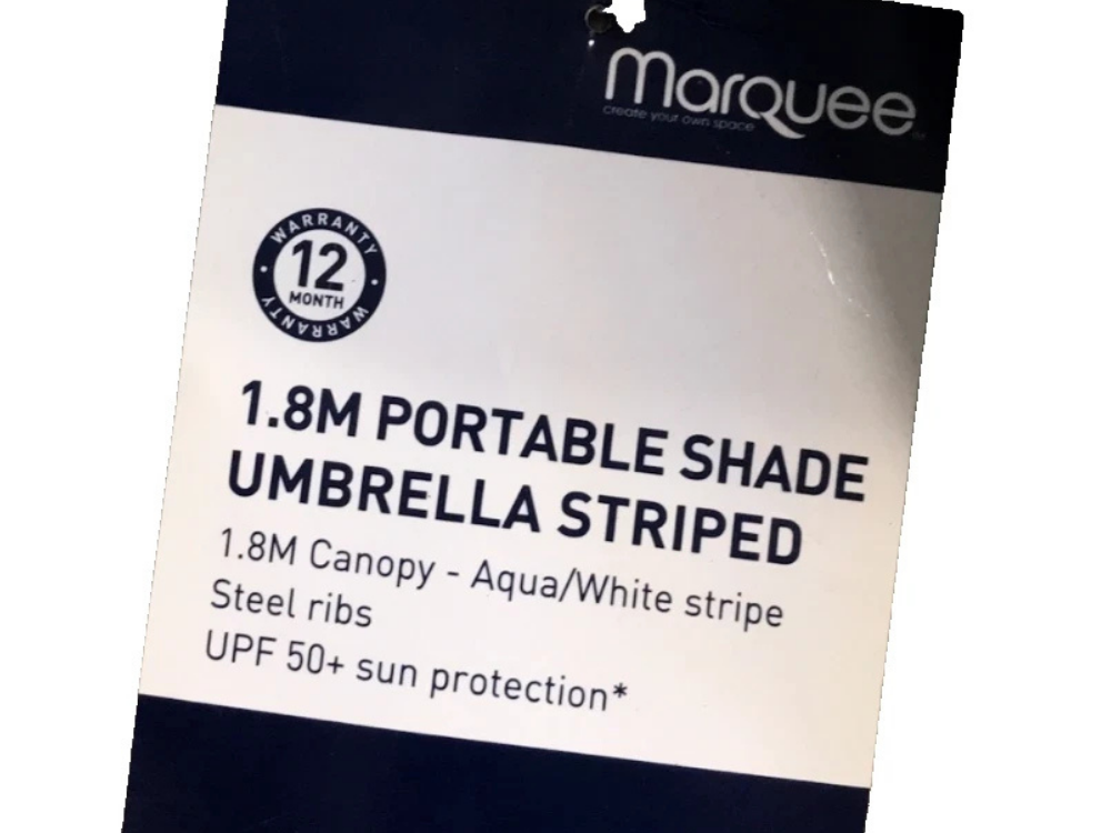 Marquee 1.8m Beach Umbrella – Aqua Stripe Sun Shade