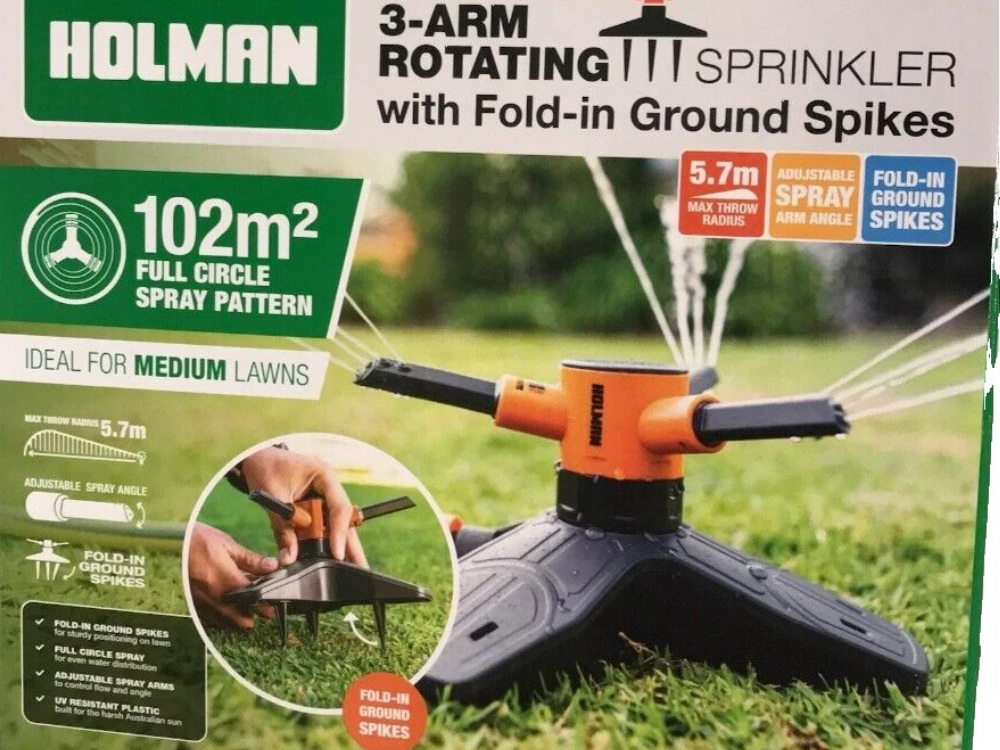 Holman 3-Arm Retractable Sprinkler Spike – Garden & Lawn Water Sprayer
